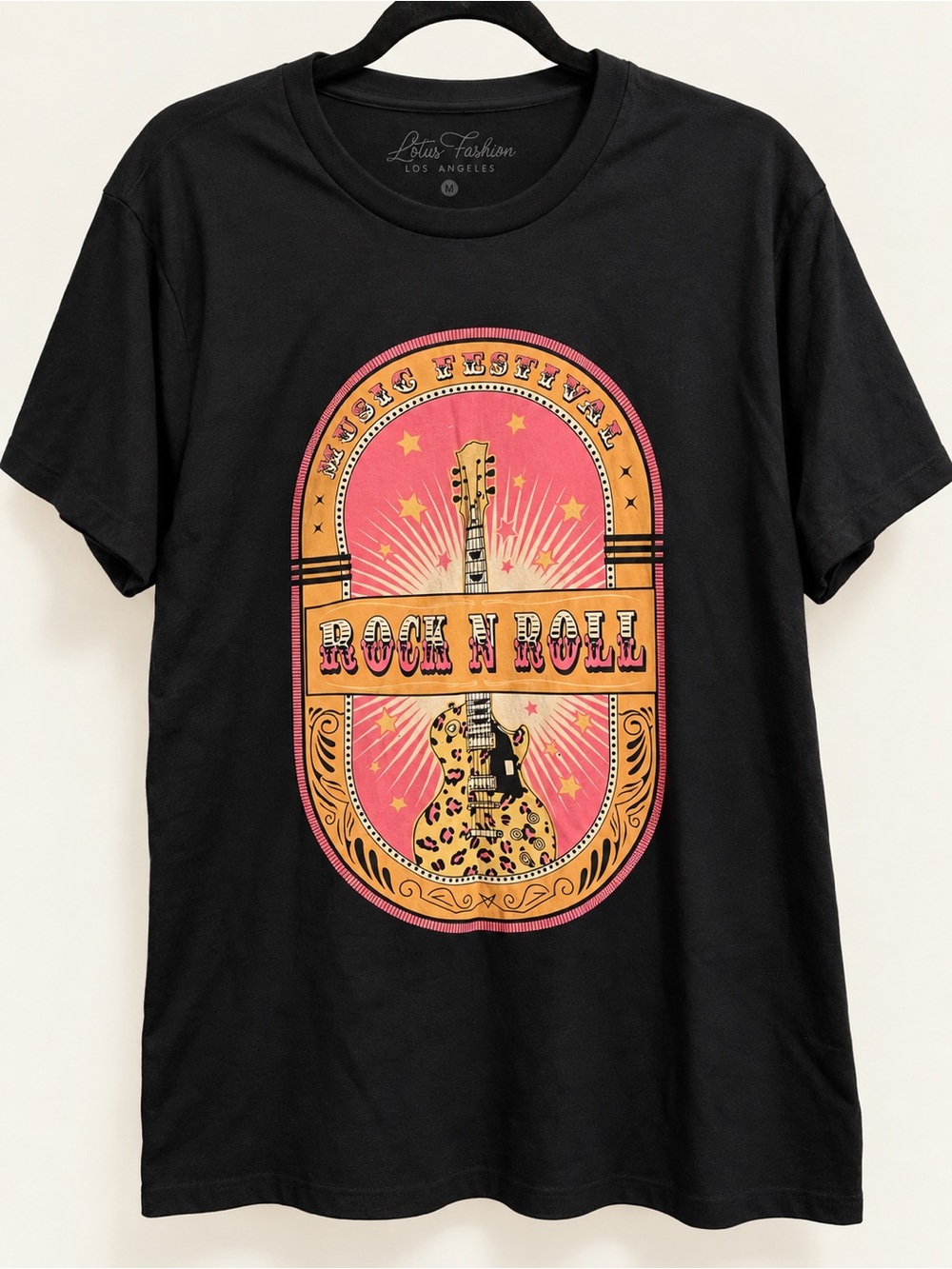 : Lotus Fashion Rock N Roll Leopard Guitar Black Graphic Tee Medium